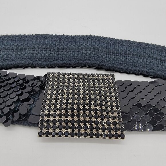 Vintage Womens Black Belt Sequins 80s Belt Disco Party Evening Bling Buckle READ - Picture 2 of 7